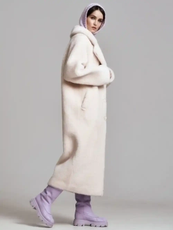 Шуба чебурашка длинная из овечьей шерсти, жемчужная, SilverFox