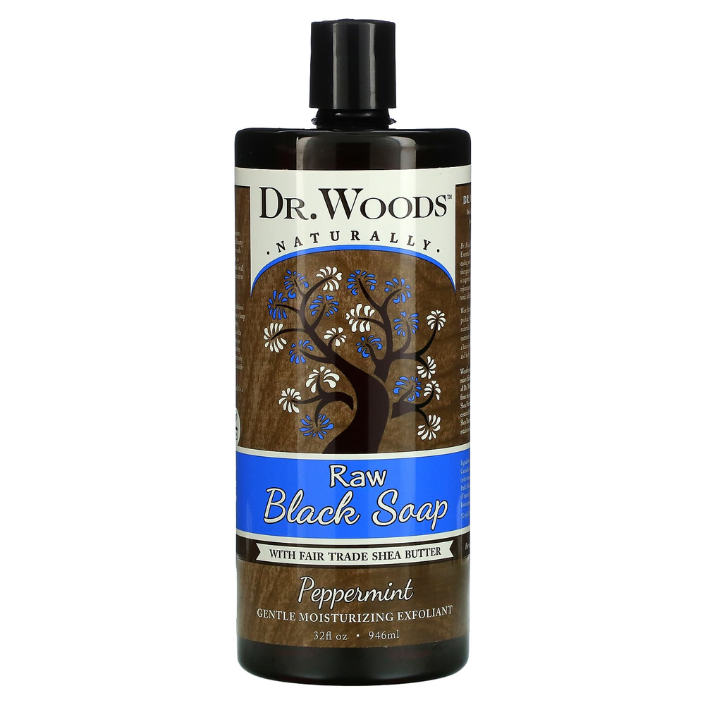 Dr. Woods, необработанное черное мыло, перечная мята и масло ши, приобретенное на основе принципов справедливой торговли, 946 мл (32 жидк. унции)