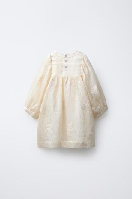 ZARA ПЛАТЬЕ С ВЫШИТЫМИ ЦВЕТАМИ, ЭКРЮ