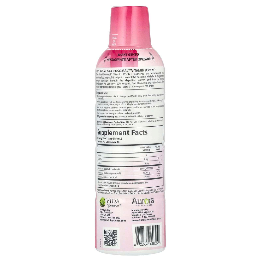 Aurora Nutrascience, Mega-Liposomal™, витамин D3/K2+ с витамином C, вкус органических фруктов, 480 мл (16 жидк. унций)