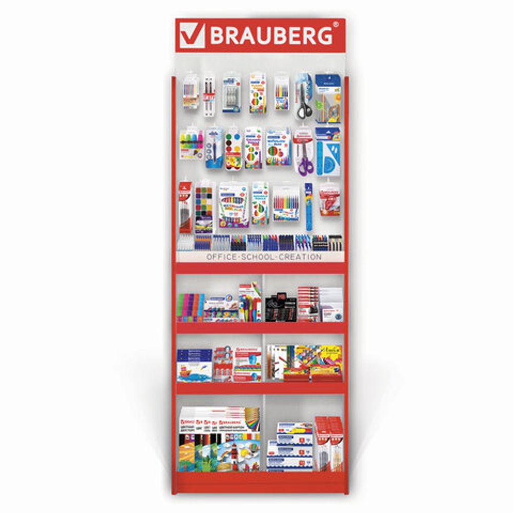 Стойка для размещения товара напольная усиленная BRAUBERG, 210х78х40 см, 4 полки, 30 ячеек, 21 крючок, 504341