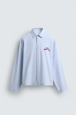 ZARA РУБАШКА В ПОЛОСКУ С ГРАФИЧЕСКИМ ПРИНТОМ, ГОЛУБОЙ