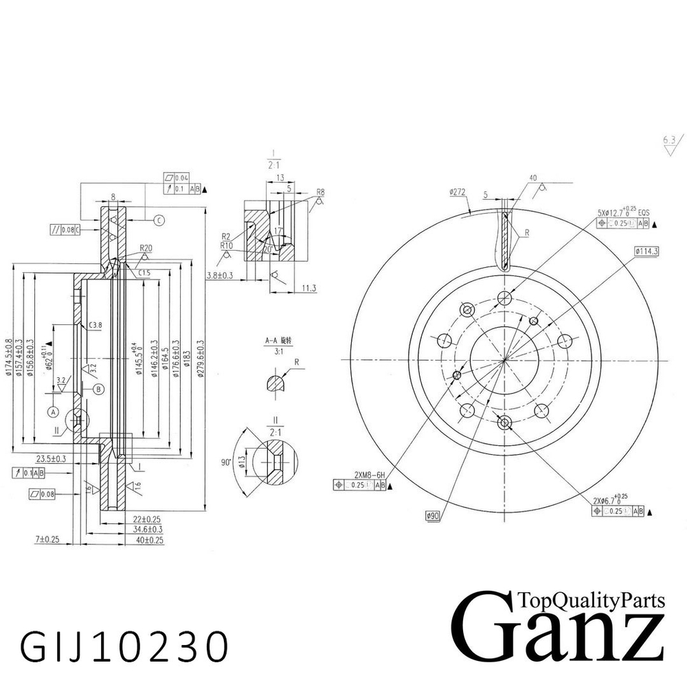 Диск тормозной передний с покрытием SUZUKI SX4 06 FIAT Sedici 06 GANZ GIJ10230
