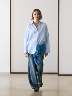 Massimo Dutti Рубашка из 100% льна в полоску с драпировкой, небесно-голубой