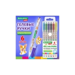 Ручки гелевые набор 6 шт. BRAUBERG KIDS CUTE ANIMALS корпус с печатью, узел 1 мм, линия письма 0,7 м