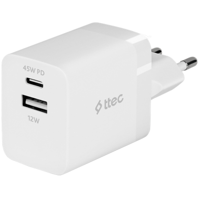 ttec SmartCharger 45W PD Duo Travel Charger  USB-C+USB-A, White