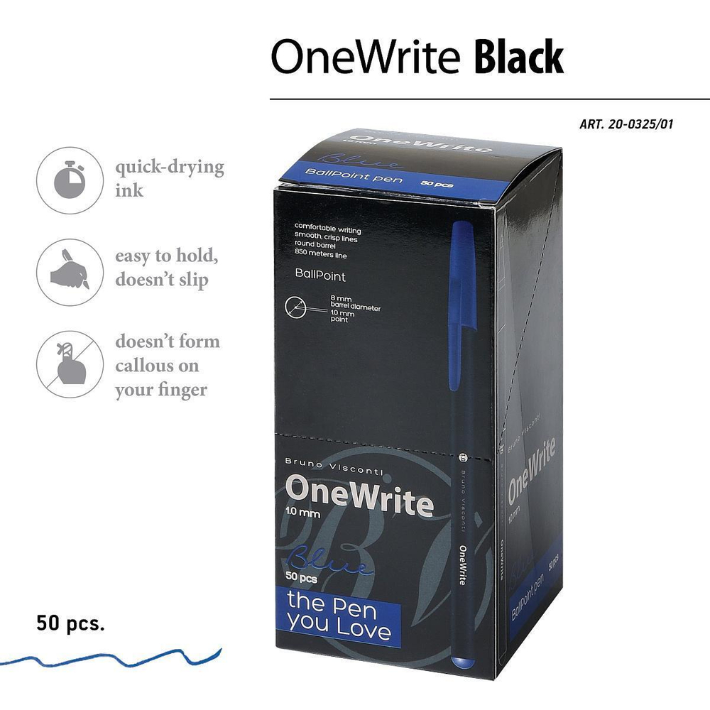 Ручка "OneWrite Black" шариковая 1.0 мм, синяя (Bruno Visconti)