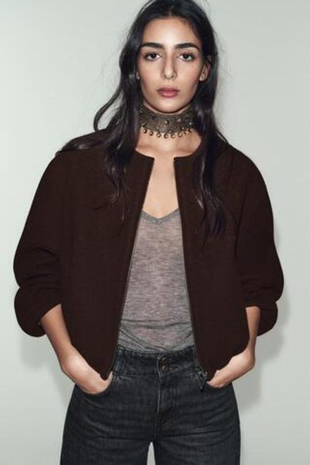 ZARA БОМБЕР ИЗ МЯГКОЙ ТКАНИ, КОРИЧНЕВЫЙ