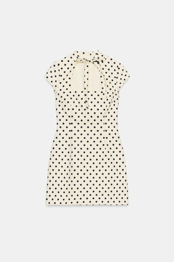 ZARA КОРОТКОЕ ПЛАТЬЕ В ГОРОШЕК С ЗАВЯЗКАМИ, ЭКРЮ/ЧЕРНЫЙ