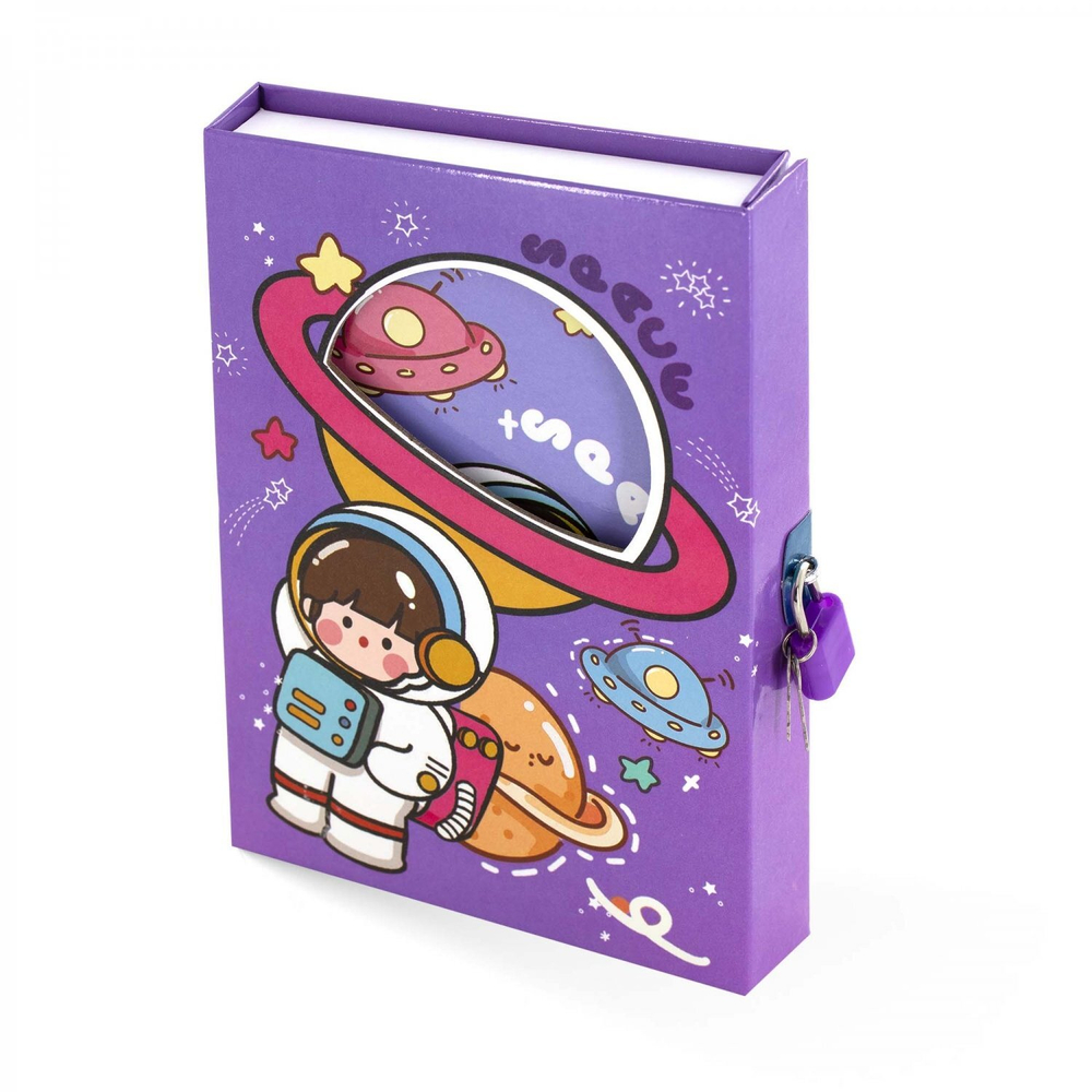 Блокнот в футляре, 14,5 см * 20,5 см, 7БЦ, Alingar, ламинация, замочек, вн.блок с дизайном, в линию, 45 л., "Оранжевая планета"