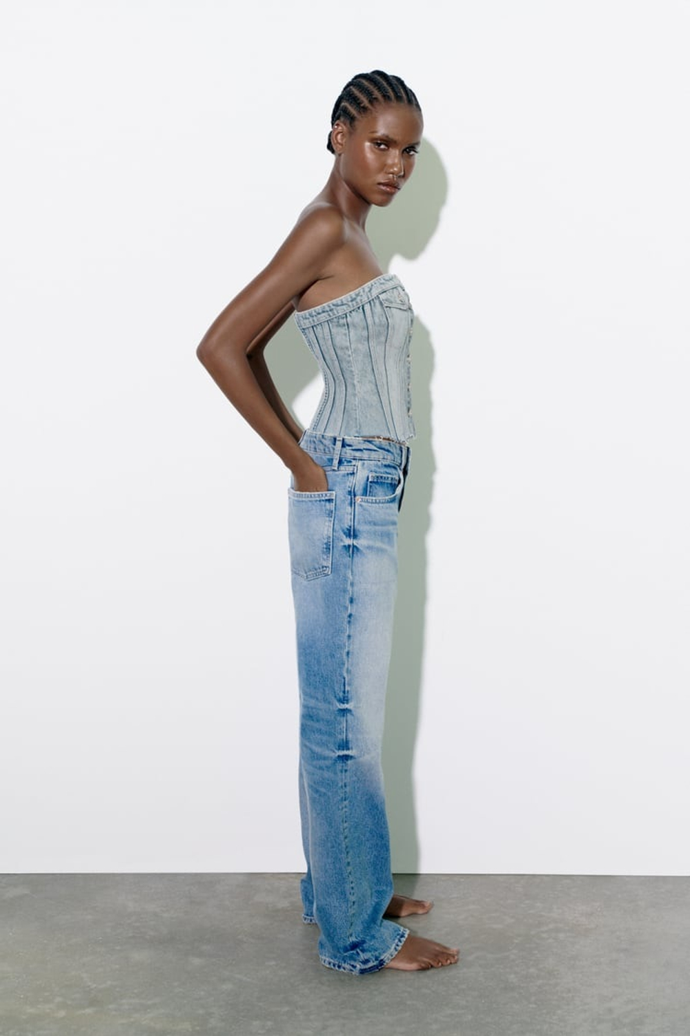 ZARA ДЖИНСОВЫЙ ТОП В БЕЛЬЕВОМ СТИЛЕ TRF, ГОЛУБОЙ