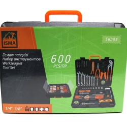 Набор инструментов 600 пр.1/4'' 3/8''(5-19мм, ключи:10-17мм,шарнирно-губцевый инстр.,отвертки,биты,молоток, ключи 6-е Г-обр.-е,расходник) ISMA ISMA-56003