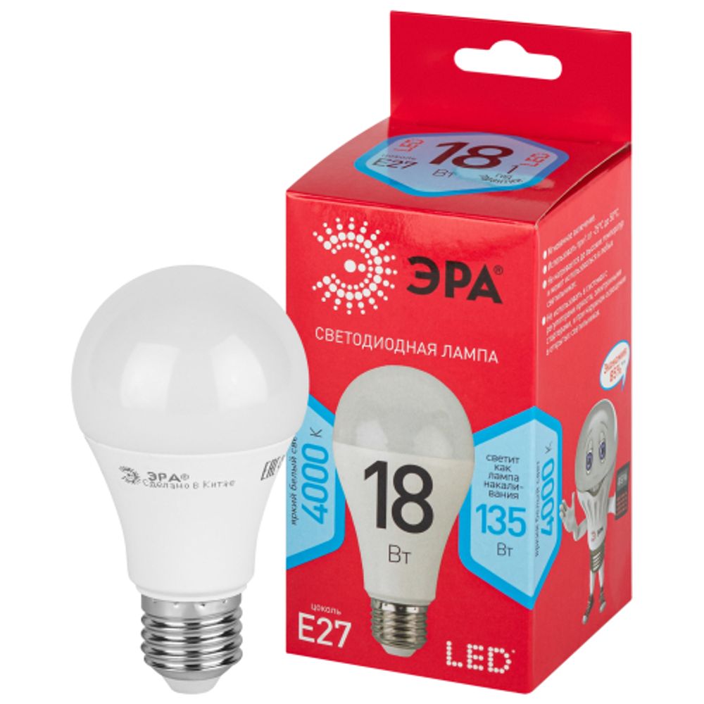 Лампочка светодиодная ЭРА RED LINE LED A65-18W-840-E27 R Е27 / E27 18 Вт груша нейтральный белый свeт | Лампы cветодиодные Груша (A)
