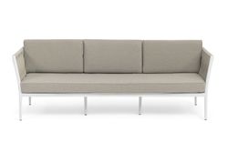 "Касабланка" диван 3-местный плетеный из роупа, каркас алюминий белый муар, роуп бежевый 20мм, ткань бежевая 15052