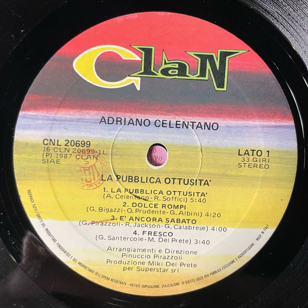 Винтажная виниловая пластинка LP Adriano Celentano La Pubblica Ottusita (Italy 1987)