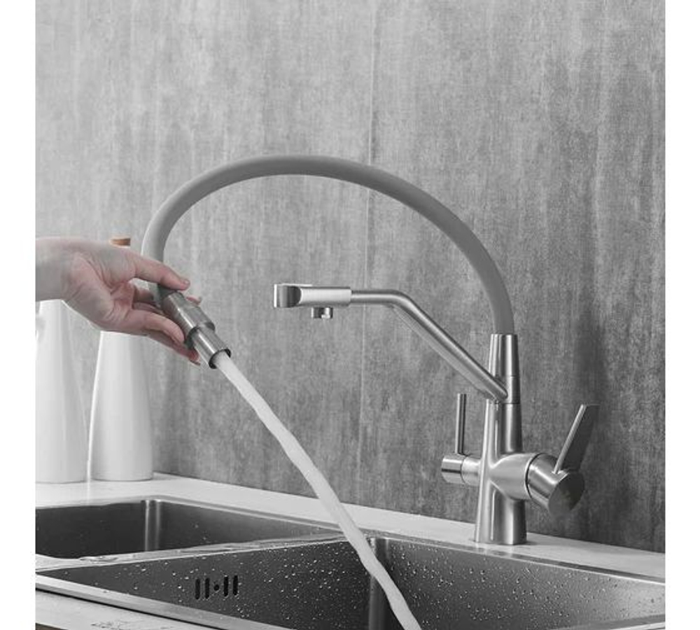 Смеситель для кухни с гибким изливом, с подключением фильтра, сатин, Rose R558L