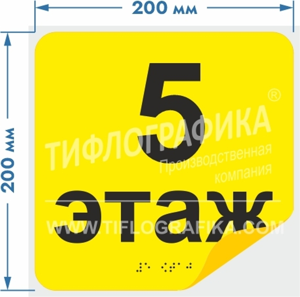 Тактильная наклейка с номером этажа и шрифтом Брайля для маркировки этажей и площадок на подложке 200х200 мм. Этаж №5