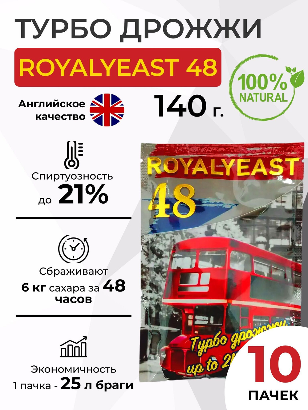 Турбо дрожжи Royal Yeast 48, 140 гр., 10 шт.
