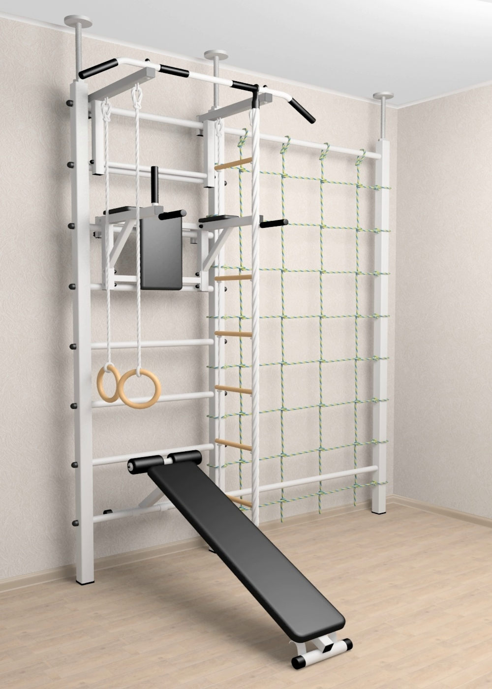 Шведская стенка Sv Sport враспор (Турник стандарт/Брусья/Скамья/Канат/Kольца/Лестница/Канатный лаз/Сетка)