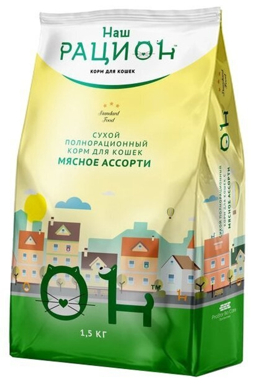 Сухой корм Наш Рацион для взрослых кошек, мясное ассорти, 1.5 кг