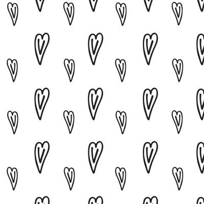 Черные большие и маленькие сердечки на белом фоне.