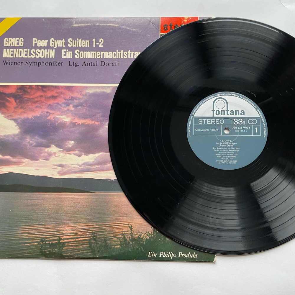 Винтажная виниловая пластинка LP Мендельсон, Григ Пер Гюнт F. Mendelssohn Bartholdy Ein Sommernachtstraum (Германия 1971)