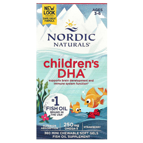 Nordic Naturals, ДГК для детей, для детей от 3 до 6 лет, со вкусом клубники, 360 жевательных мини-капсул