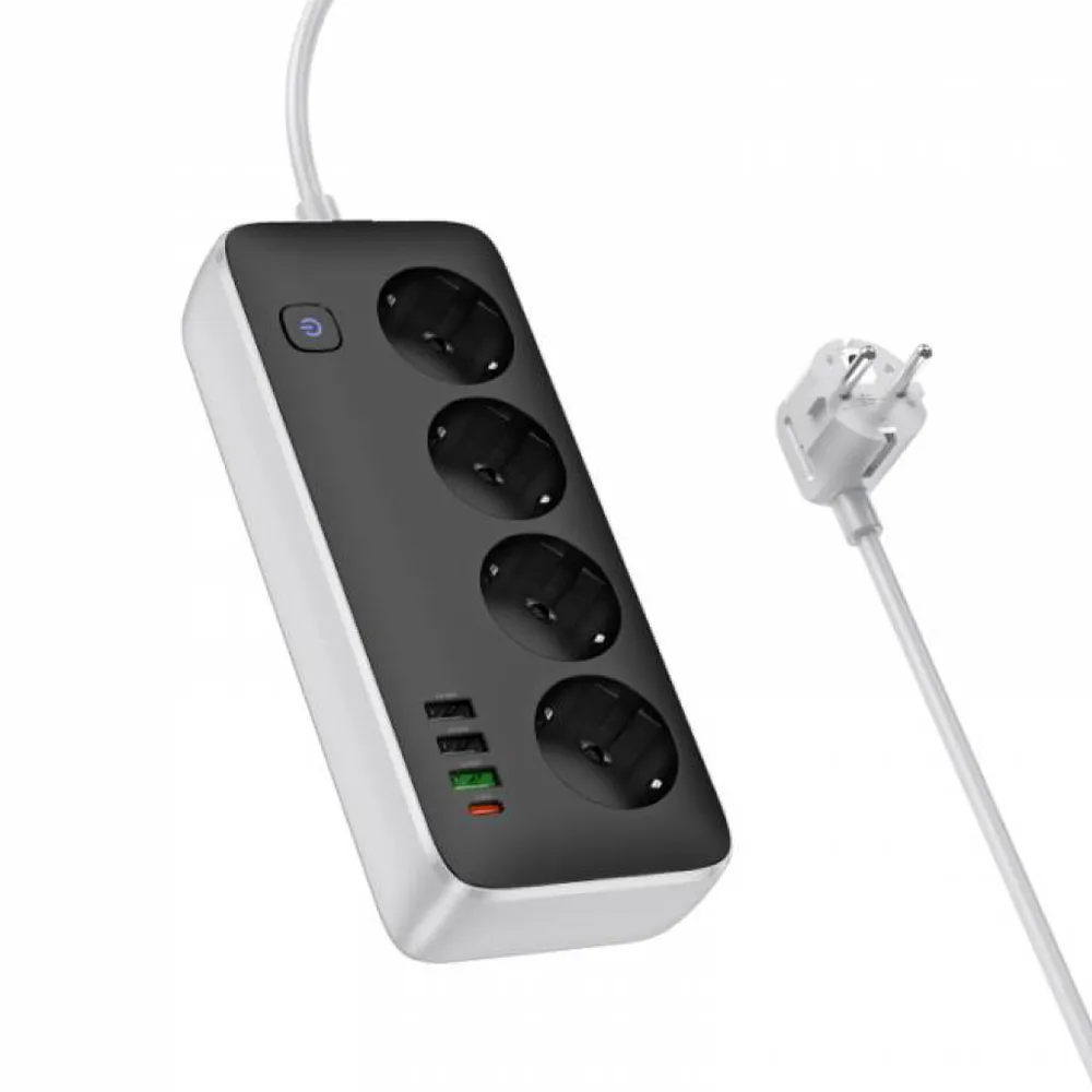 Сетевое зарядное устройство 3xUSB + USB Type-C + 4 розетки, 30 Вт Quick Charge 3.0/Power Delivery, 1,5 м, черный / Hoco AC22