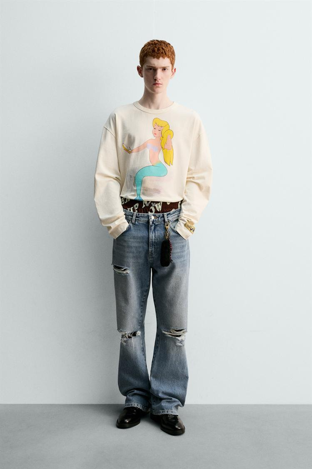 ZARA Х HARRY LAMBERT ФУТБОЛКА С РУСАЛКОЙ ПИТЕРА ПЭНА , ЖЕЛТОВАТО-БЕЛЫЙ