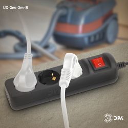Удлинитель электрический ЭРА UX-3es-3m-B с заземлением с выключателем 3 розетки 3 м ПВС 3x0,75мм2 10А черный