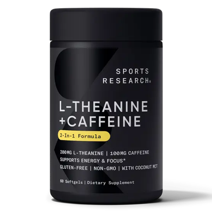 L-теанин и кофеин с маслом MCT 200 мг, L-Theanine and Caffeine, Sports Research, 60 капсул
