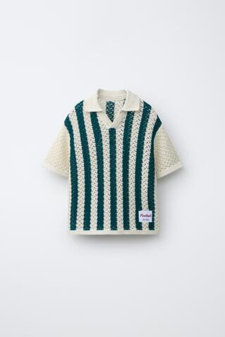 ZARA ТРИКОТАЖНОЕ ПОЛО В ПОЛОСКУ, ЭКРЮ/СИНИЙ