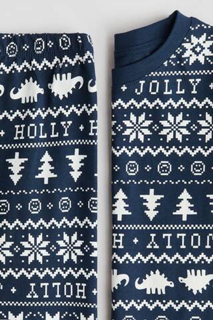 H&M Пижамный комплект из трикотажа с принтом, темно-синий