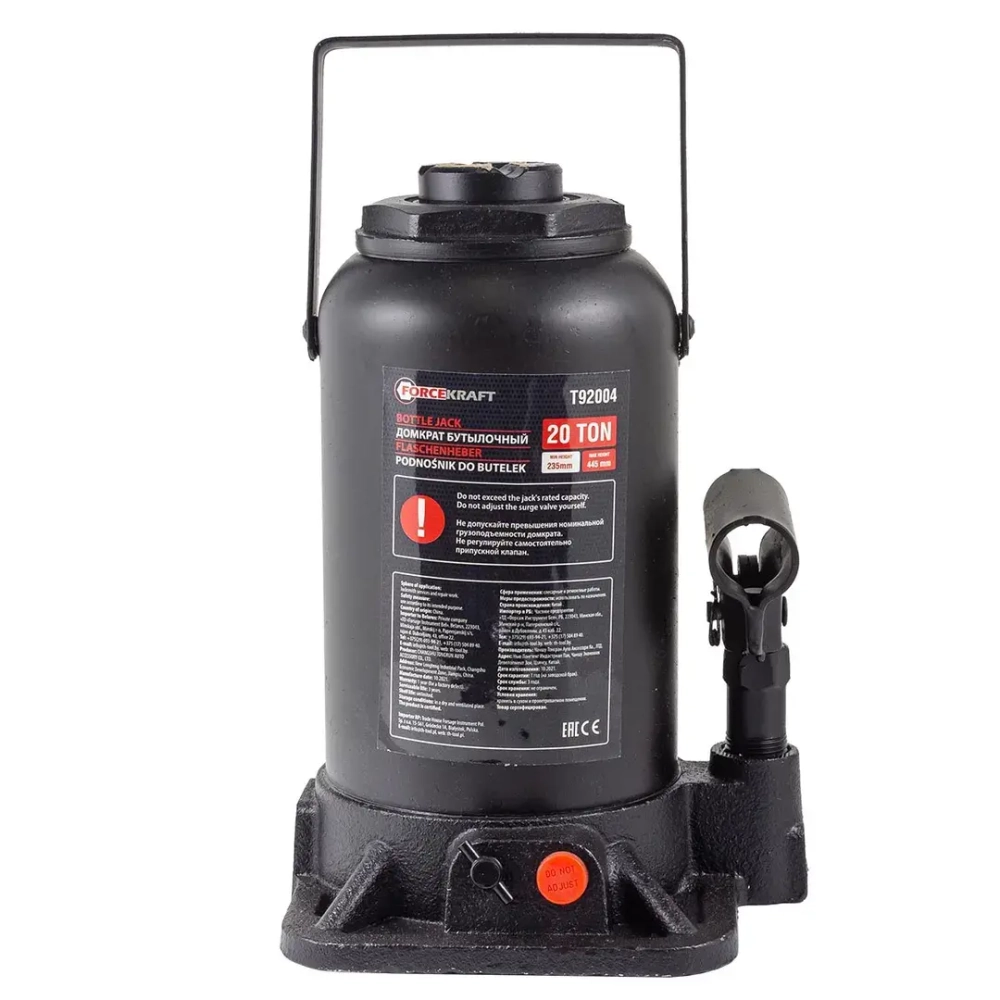 Домкрат бутылочный 20т с клапаном (h min-235мм, h max-445мм) FORCEKRAFT FK-T92004(DS)