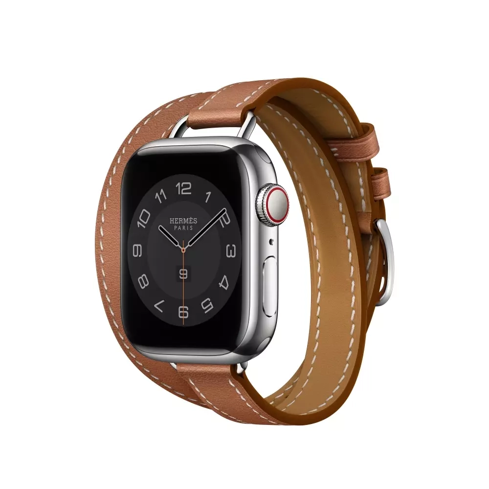 Apple Watch Series 8 Hermes 41mm, двойной тонкий кожаный ремешок коричневого цвета