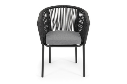 "Марсель" стул плетеный из роупа, каркас алюминий черный муар, роуп темно-серый круглый, ткань темно-серая 027