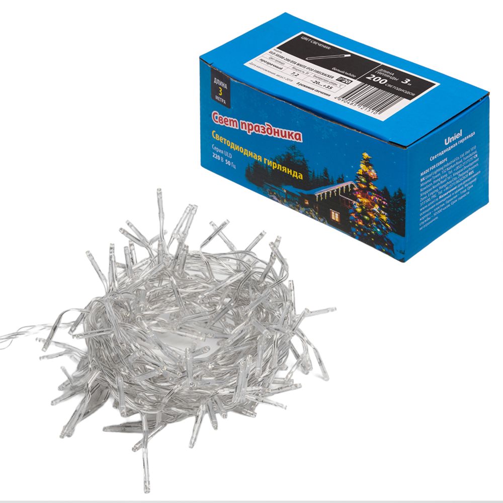 ULD-S0300-200/DTA WHITE IP20 FIRECRACKER  Гирлянда светодиодная с контроллером «Фейерверк», 3м. 200 светодиодов. Белый свет. Провод прозрачный. ТМ Uni