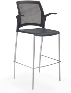 стул Rewind стул барный на 4 ногах, каркас серый, пластик черный, спинка-сетка, с открытыми подлокотниками