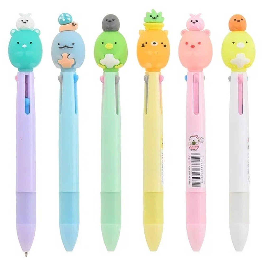 Ручка шариковая автоматическая 3 в 1 с фигуркой милых животных, MC-Basir, Авторучка канцелярская детская 3 цвета с резиновой игрушкой