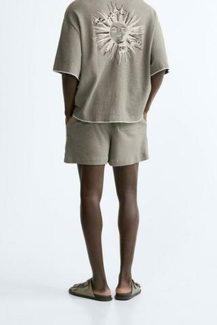 ZARA ШОРТЫ-БЕРМУДЫ С КОНТРАСТНОЙ ВЫШИВКОЙ,КОРИЧНЕВЫЙ / ТЕМНО-СЕРЫЙ