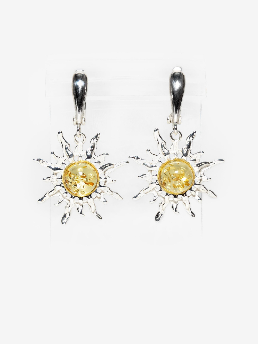 Серебряные серьги с цельным янтарем "Солнце", серебро 925 пробы