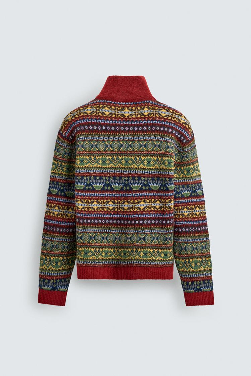 ZARA ЖАККАРДОВЫЙ СВИТЕР С ГЕОМЕТРИЧЕСКИМ УЗОРОМ И ВОРОТНИКОМ НА МОЛНИИ, КРАСНЫЙ