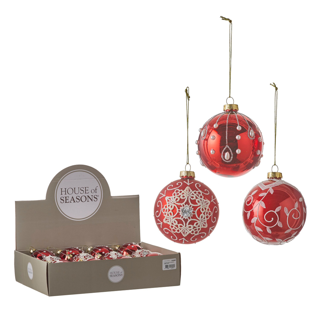 Набор елочных игрушек 12 шт 8см House of Seasons красный с декором 3 вида Голландия