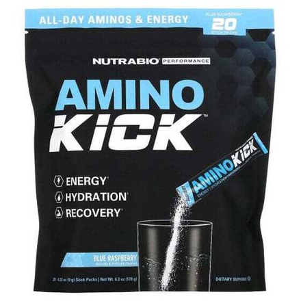 Электролиты NutraBio, Amino Kick, голубая малина, 20 пакетиков по 9 г (0,32 унции)