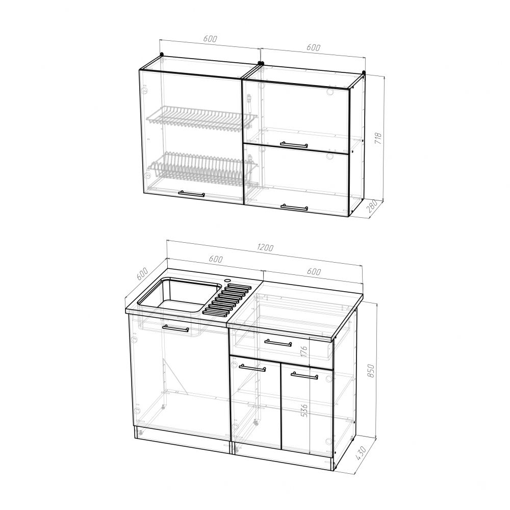 Кухонный гарнитур Алина лайт 1200 мм, каркас ЛДСП, фасад ЛДСП, Белый/Пайн белый