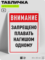 Табличка для бассейна "Внимание, запрещено плавать нагишом одному", на пляж, для общественной и частной зоны отдыха, информационная, 40х30 см, Silver Plane x Айдентика Технолоджи