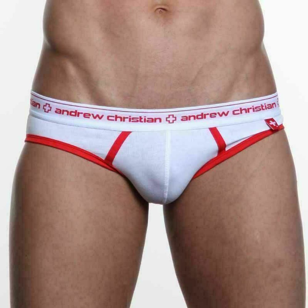 Мужские трусы брифы белые с красной резинкой Andrew Christian Cotton Brief