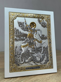 Георгий Победоносец, икона прямоугольная с рамкой, белое дерево 185х235