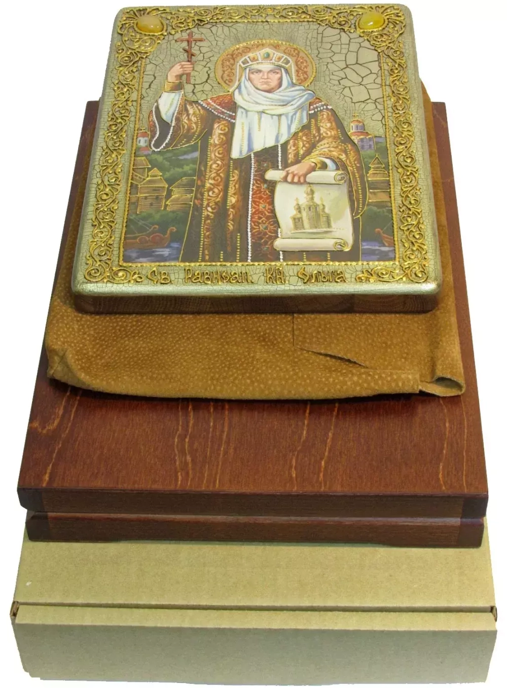 Инкрустированная икона Святая Равноапостольная княгиня Ольга 29х21см на натуральном дереве в подарочной коробке