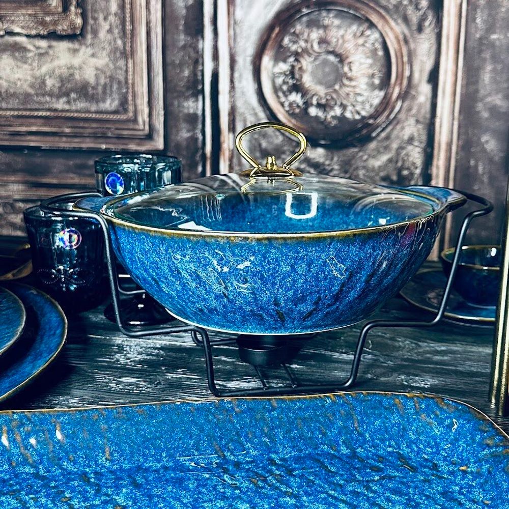 Lenardi 133-311 Сервировочный мармит с крышкой 30,5х9см 2,3л AQUAMARINE на подставке в под.уп.(х4)Фарфор